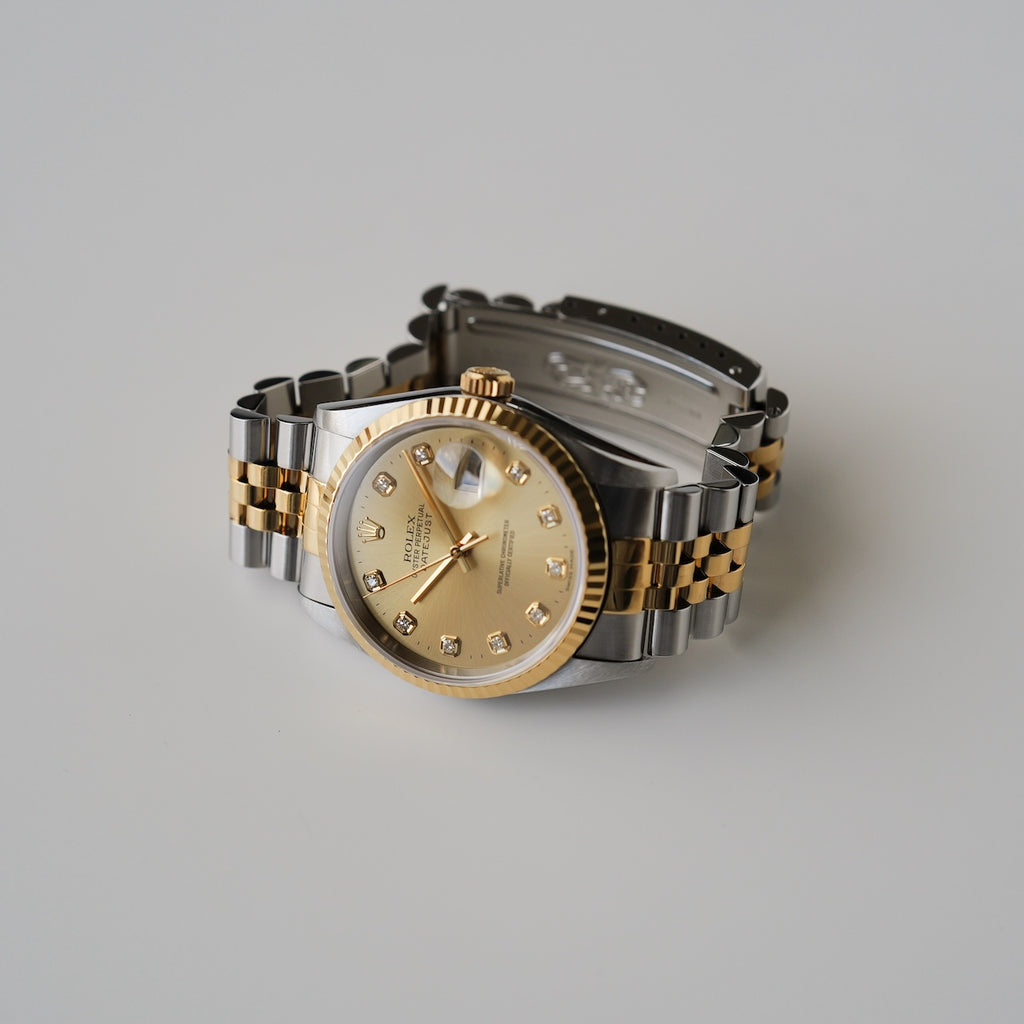 ロレックス/デイトジャスト16233G/18KYG/10Pダイヤモンド/保証書付きフルセット/ROLEX DATE-JUST Ref.16233G "10P Diamond" 18KYG 1997-98 Full Set