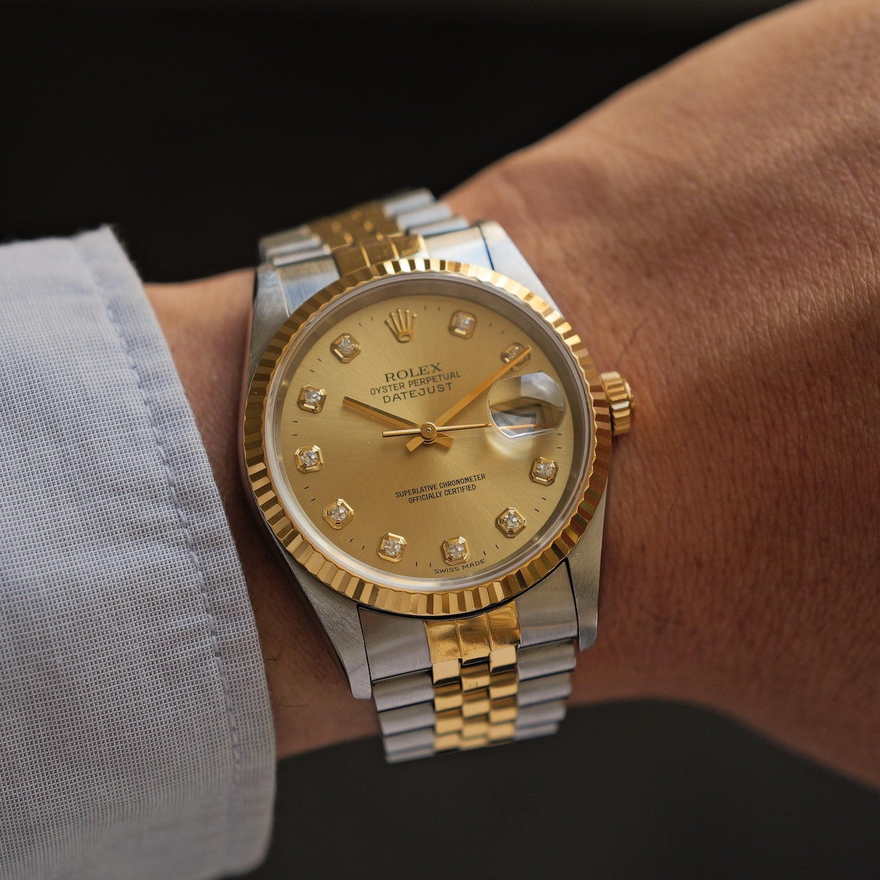 ロレックス/デイトジャスト16233G/18KYG/10Pダイヤモンド/保証書付きフルセット/ROLEX DATE-JUST Ref.16233G "10P Diamond" 18KYG 1997-98 Full Set