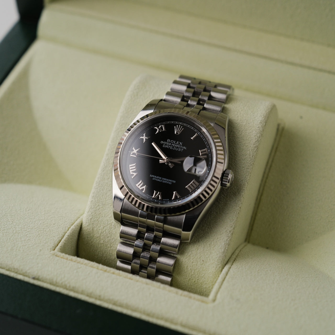 ロレックス/デイトジャスト116234/M番/ブラックローマン/WGベゼル/フル