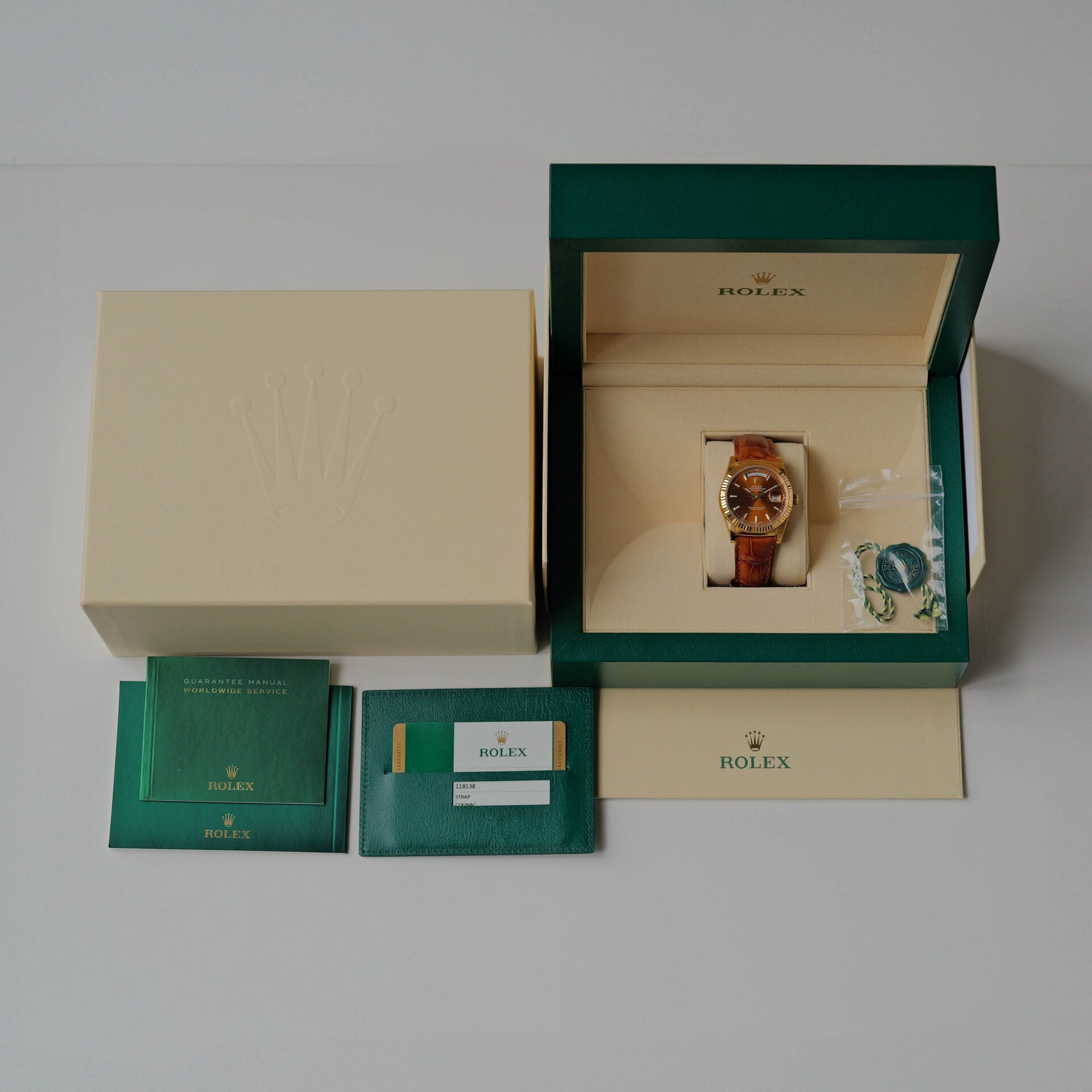 ロレックス/デイデイト118138/コニャック/18Kイエローゴールド/ほぼ未使用/ROLEX DAY DATE REF.118138 "COGNAC" 18KYG FULL SET 2017y NEVER USED