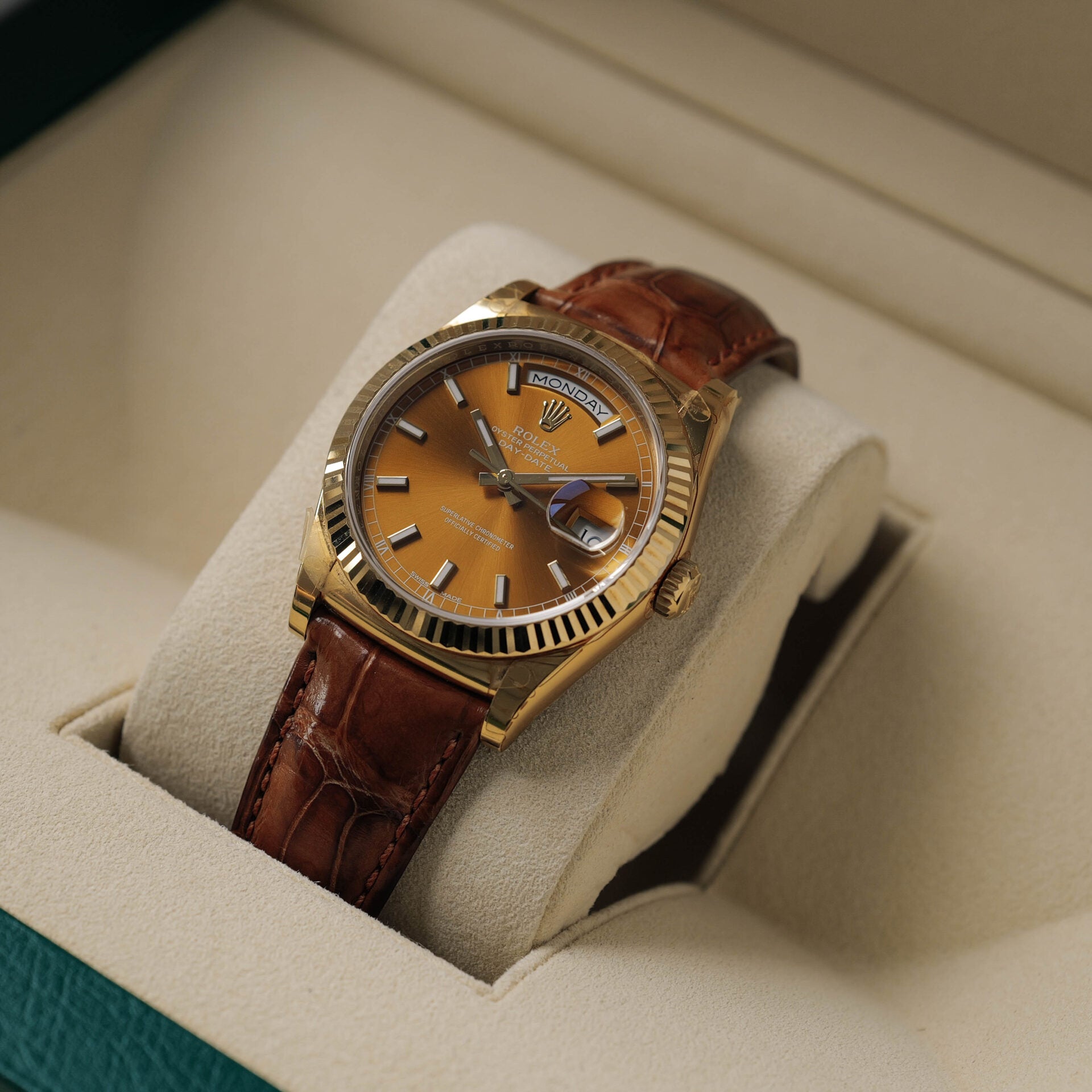 ロレックス/デイデイト118138/コニャック/18Kイエローゴールド/ほぼ未使用/ROLEX DAY DATE REF.118138 "COGNAC" 18KYG FULL SET 2017y NEVER USED