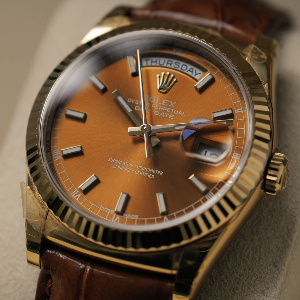 ロレックス/デイデイト118138/コニャック/18Kイエローゴールド/ほぼ未使用/ROLEX DAY DATE REF.118138 "COGNAC" 18KYG FULL SET 2017y NEVER USED