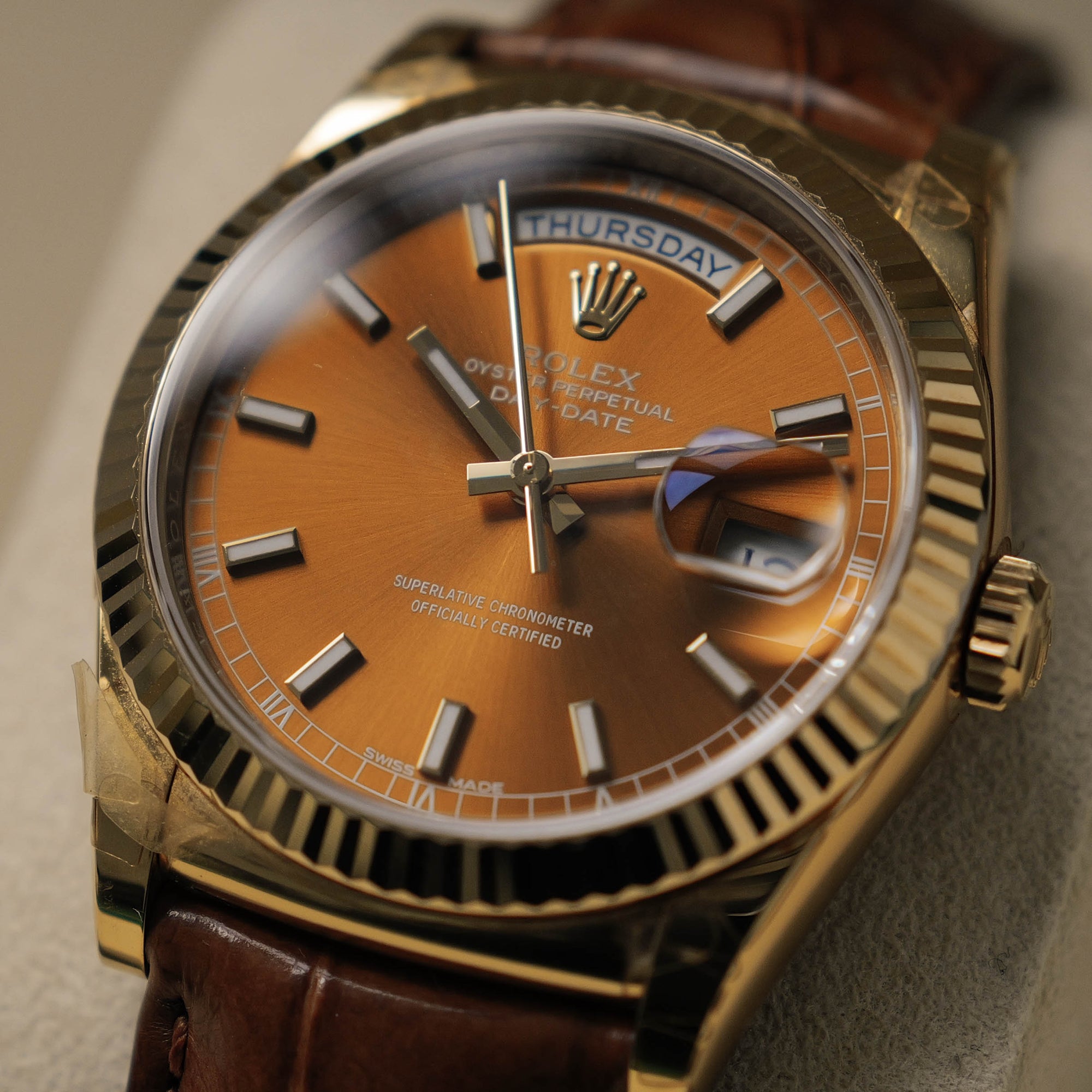 ロレックス/デイデイト118138/コニャック/18Kイエローゴールド/ほぼ未使用/ROLEX DAY DATE REF.118138 "COGNAC" 18KYG FULL SET 2017y NEVER USED