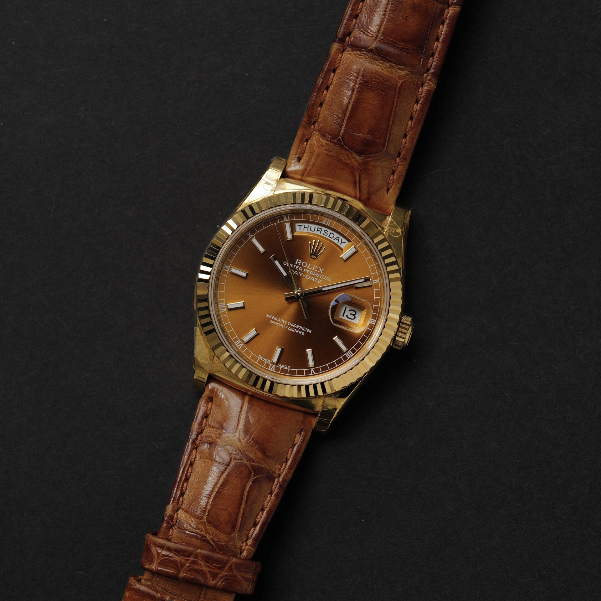 ロレックス/デイデイト118138/コニャック/18Kイエローゴールド/ほぼ未使用/ROLEX DAY DATE REF.118138 "COGNAC" 18KYG FULL SET 2017y NEVER USED