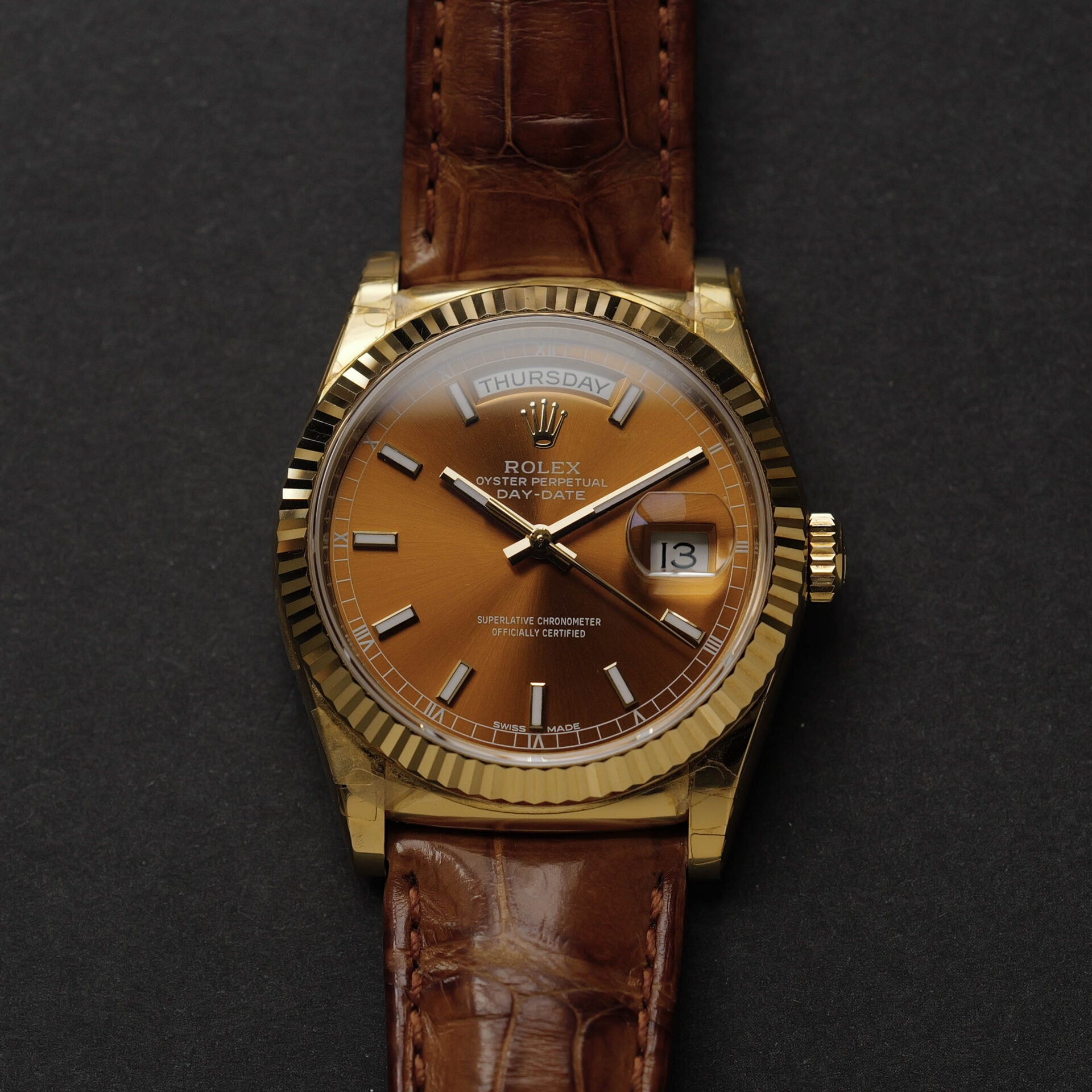 ロレックス/デイデイト118138/コニャック/18Kイエローゴールド/ほぼ未使用/ROLEX DAY DATE REF.118138 "COGNAC" 18KYG FULL SET 2017y NEVER USED