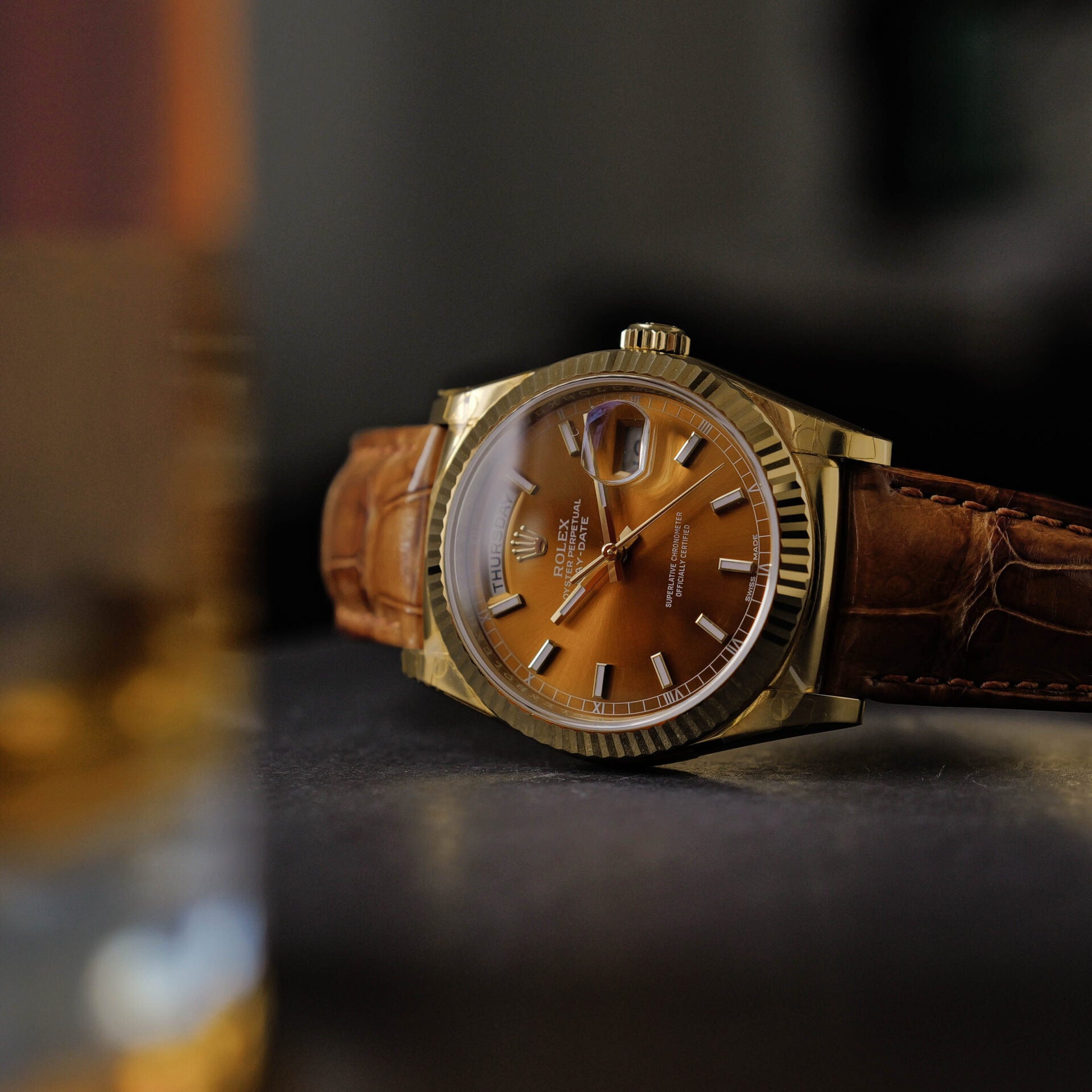 ロレックス/デイデイト118138/コニャック/18Kイエローゴールド/ほぼ未使用/ROLEX DAY DATE REF.118138 "COGNAC" 18KYG FULL SET 2017y NEVER USED