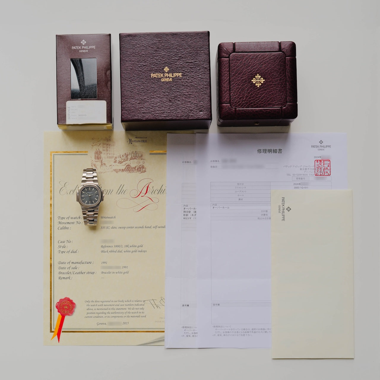 パテック・フィリップ/3800/1G-011/ブルーグレー/18Kホワイトゴールド/箱・アーカイブ付属/PATEK PHILIPPE NAUTILUS REF.3800/1G-011 "Blue Grey" 18K White Gold 1991 with Box and Archive