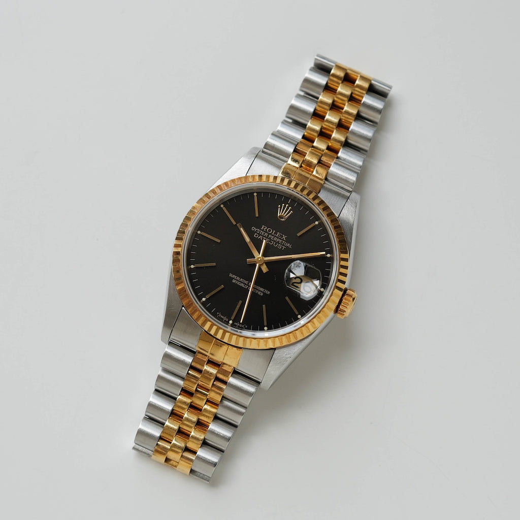 ロレックス/デイトジャスト16233/ブラックダイヤル/18Kイエローゴールド/ブヘラ保証書付き/ROLEX DATE-JUST REF.16233 18KYG "BLACK" with Paper Bucherer 1994y