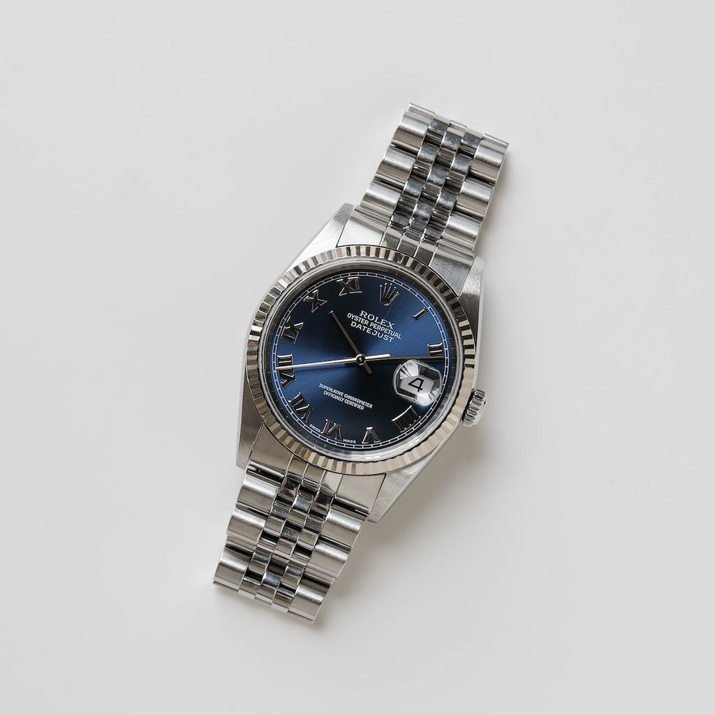 ロレックス/デイトジャスト16234/ブルーローマン/ 18Kホワイトゴールドベゼル/箱・保証書付き/ROLEX DATE-JUST REF.16234 "BLUE ROMAN" 18KWG bezel with Box and Paper 2001y