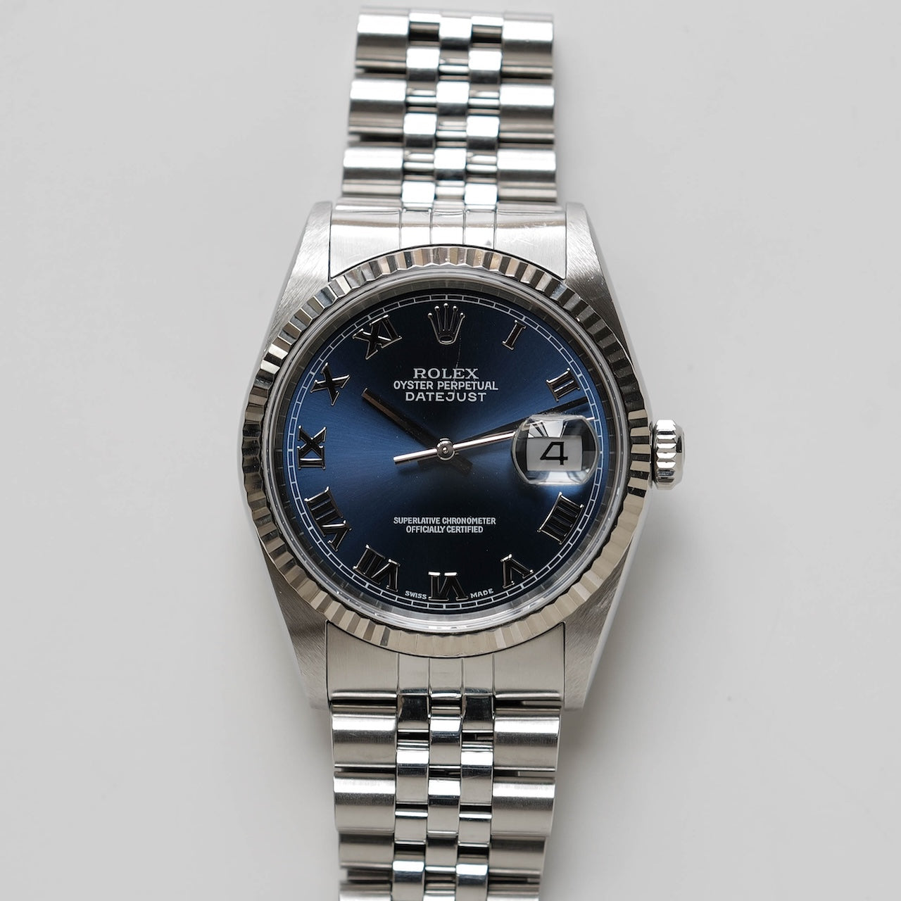 ロレックス/デイトジャスト16234/ブルーローマン/ 18Kホワイトゴールドベゼル/箱・保証書付き/ROLEX DATE-JUST REF.16234 "BLUE ROMAN" 18KWG bezel with Box and Paper 2001y