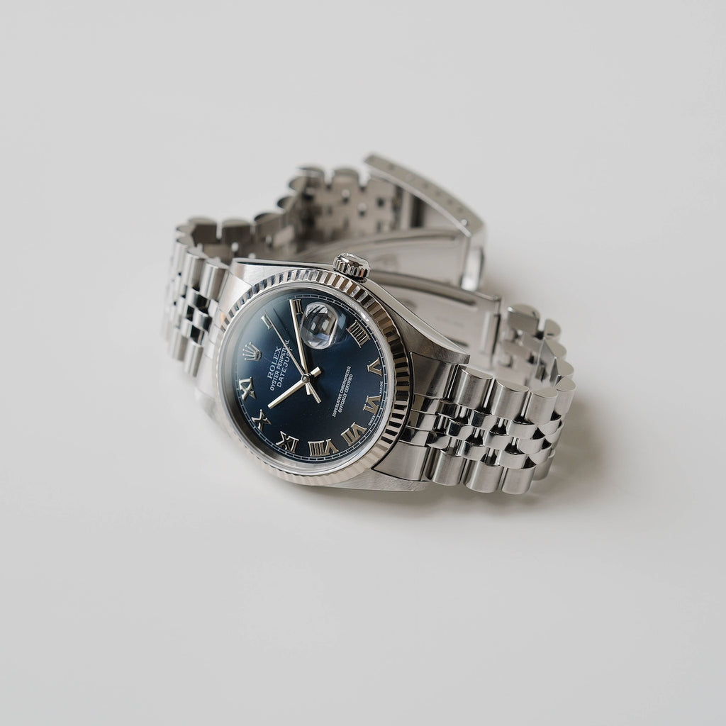 ロレックス/デイトジャスト16234/ブルーローマン/ 18Kホワイトゴールドベゼル/箱・保証書付き/ROLEX DATE-JUST REF.16234 "BLUE ROMAN" 18KWG bezel with Box and Paper 2001y
