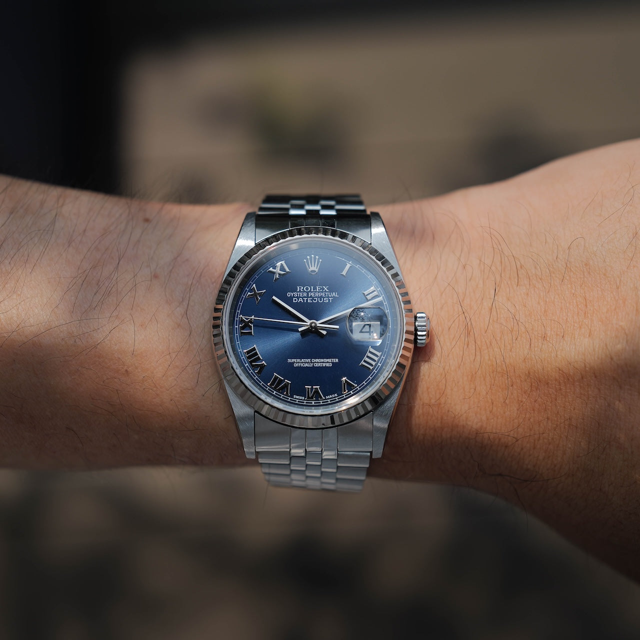 ロレックス/デイトジャスト16234/ブルーローマン/ 18Kホワイトゴールドベゼル/箱・保証書付き/ROLEX DATE-JUST REF.16234 "BLUE ROMAN" 18KWG bezel with Box and Paper 2001y