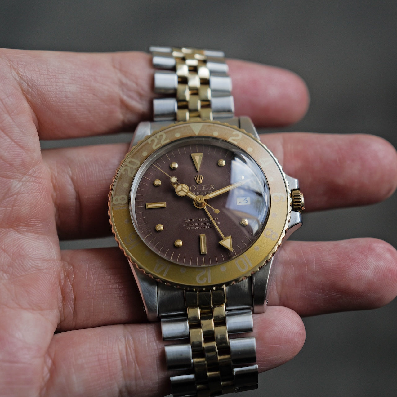 ロレックス/GMTマスター1675/3/茶つぼ/フジツボダイヤル/ゴーストベゼル/ROLEX GMT-MASTER 1675/3 "BROWN NIPPLE" GOHST BEZEL 18KYG 1972y