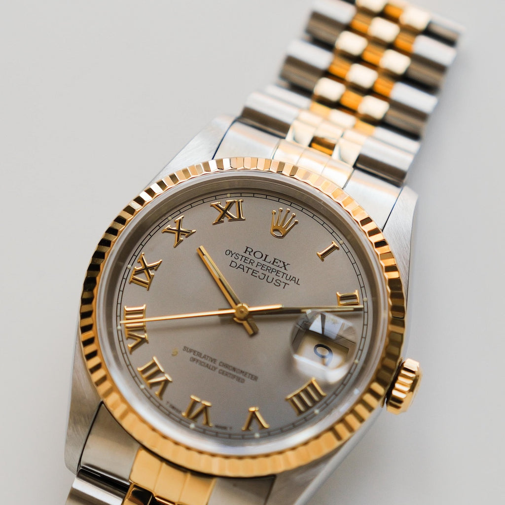 ロレックス/デイトジャスト/X番/グレー ローマンダイヤル/箱・保証書付フルセット/ROLEX DATE-JUST REF.16233 18KYG “GREY ROMAN” 1991y with Box and Paper