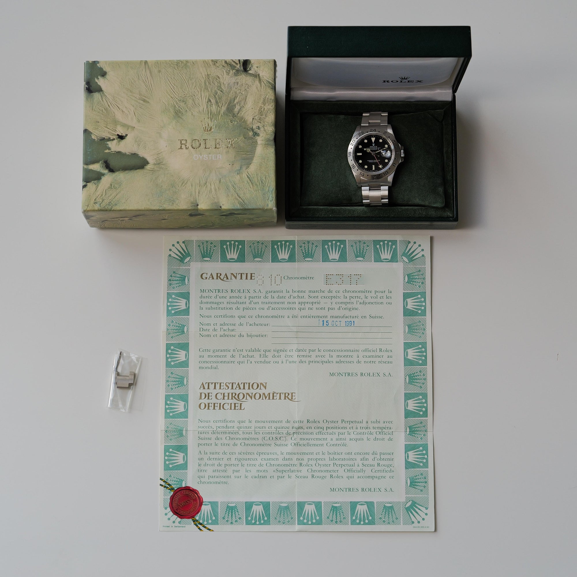 ロレックスエクスプローラー2/16570/E番/センタースプリット/黒文字盤/シングルバックル/箱・保証書付/ROLEX EXPLORER2 REF.16570 “RAIL DIAL” Black dial E-Serial with Box and Paper