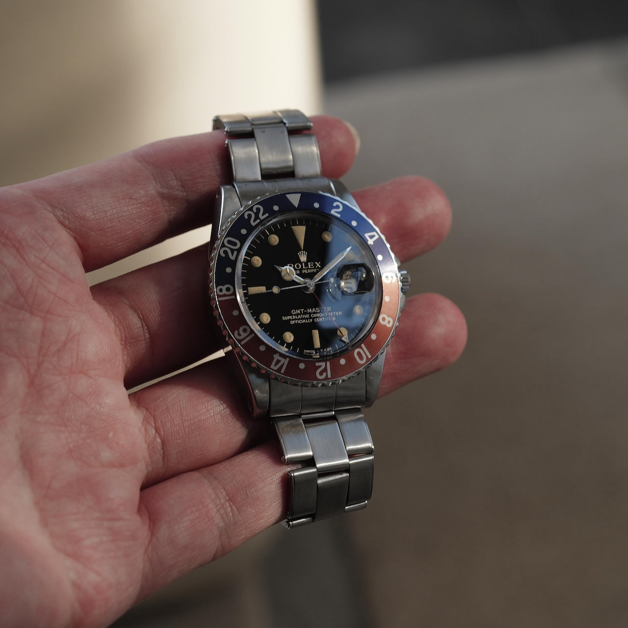 ロレックス/GMTマスター1675/後期ミラーダイヤル/マーク1ベゼル/ワイドスイス/USリベット/ROLEX GMT-MASTER Ref.1675 “GILT DIAL, WIDE SWISS” Mk.1 Bezel US Rivet 1965Y