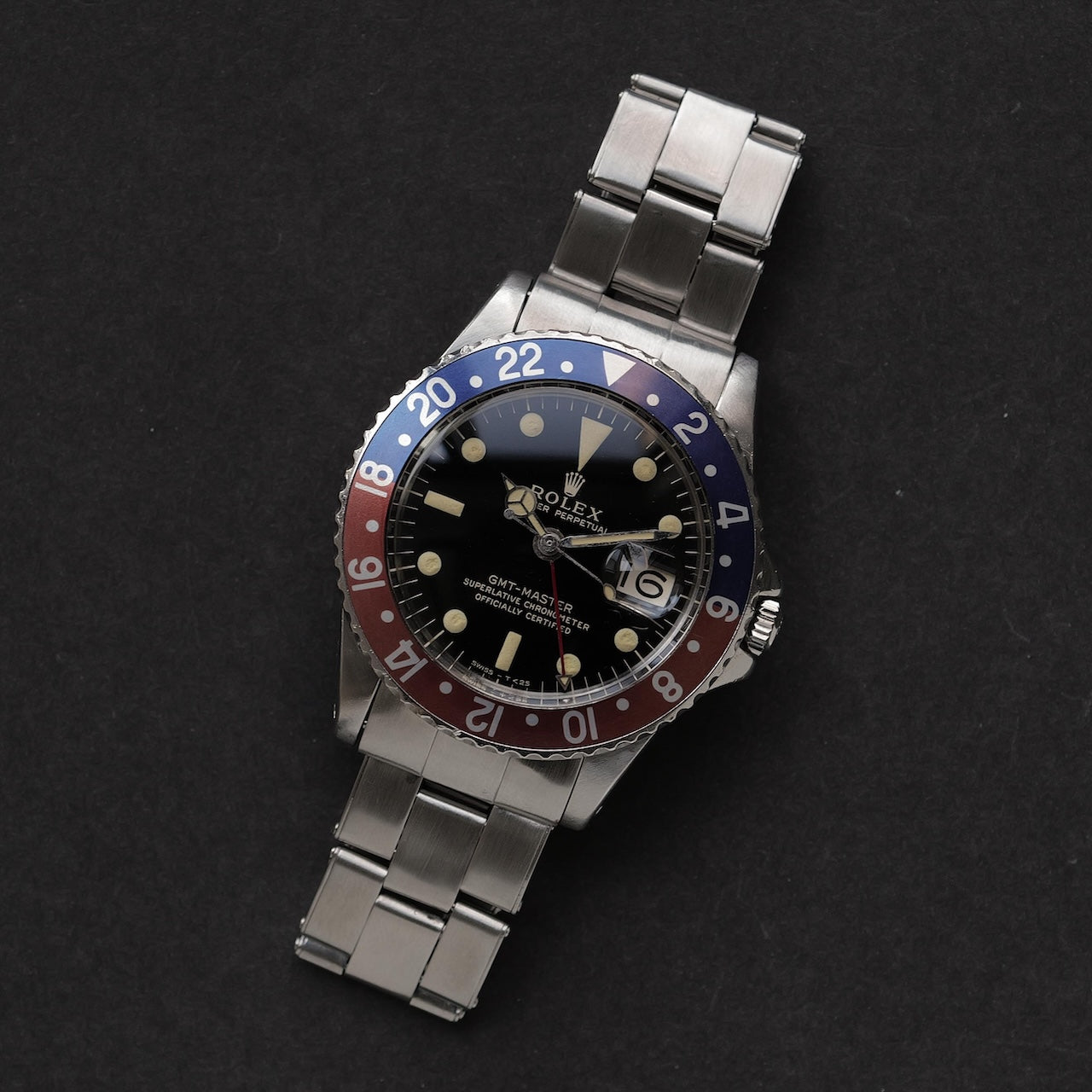 ロレックス/GMTマスター1675/後期ミラーダイヤル/マーク1ベゼル/ワイドスイス/USリベット/ROLEX GMT-MASTER Ref.1675 “GILT DIAL, WIDE SWISS” Mk.1 Bezel US Rivet 1965Y