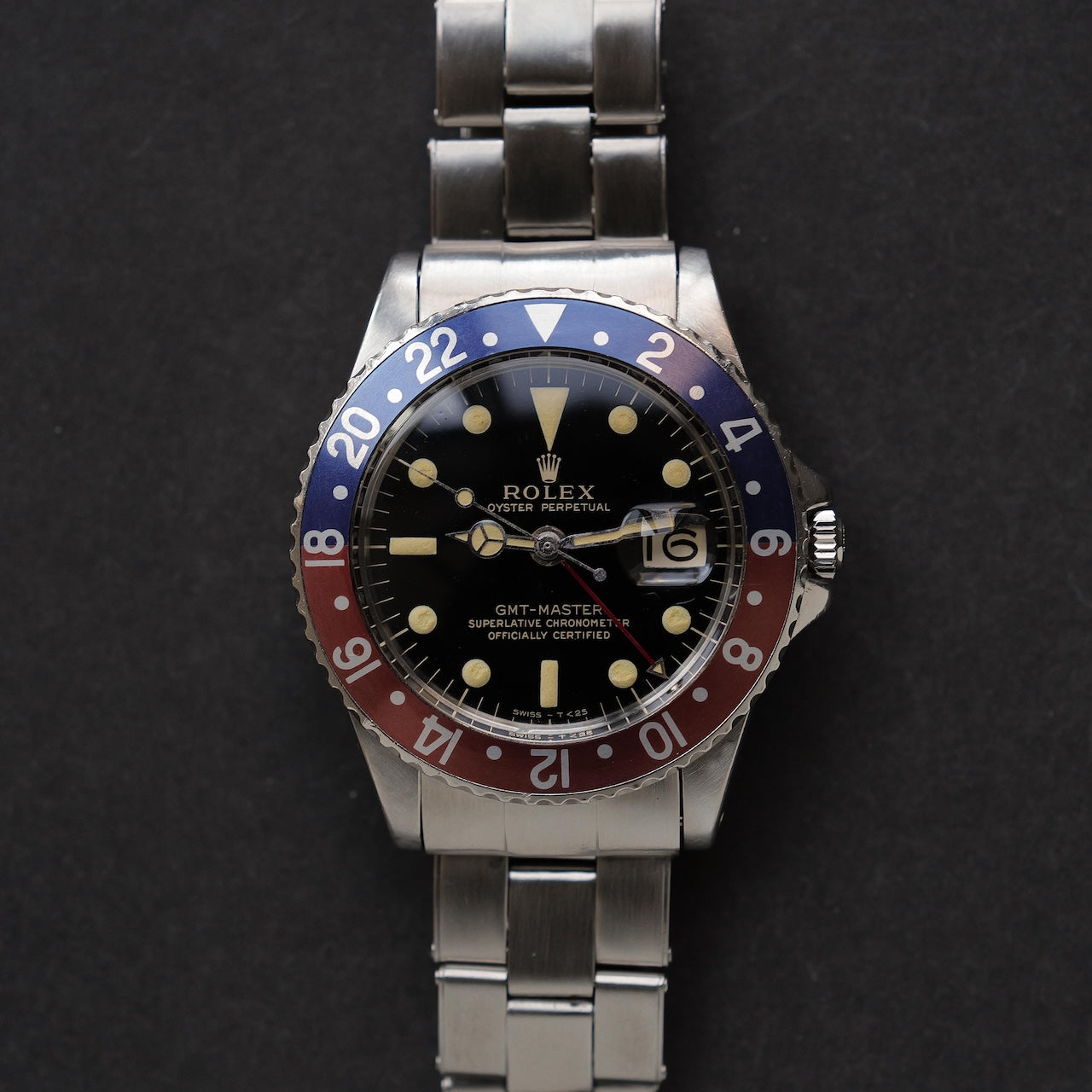 ロレックス/GMTマスター1675/後期ミラーダイヤル/マーク1ベゼル/ワイドスイス/USリベット/ROLEX GMT-MASTER Ref.1675 “GILT DIAL, WIDE SWISS” Mk.1 Bezel US Rivet 1965Y