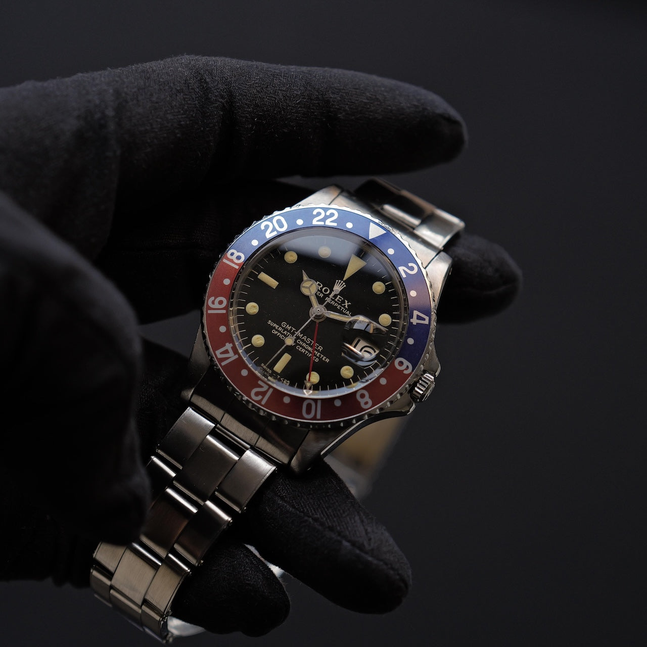 ロレックス/GMTマスター1675/後期ミラーダイヤル/マーク1ベゼル/ワイドスイス/USリベット/ROLEX GMT-MASTER Ref.1675 “GILT DIAL, WIDE SWISS” Mk.1 Bezel US Rivet 1965Y