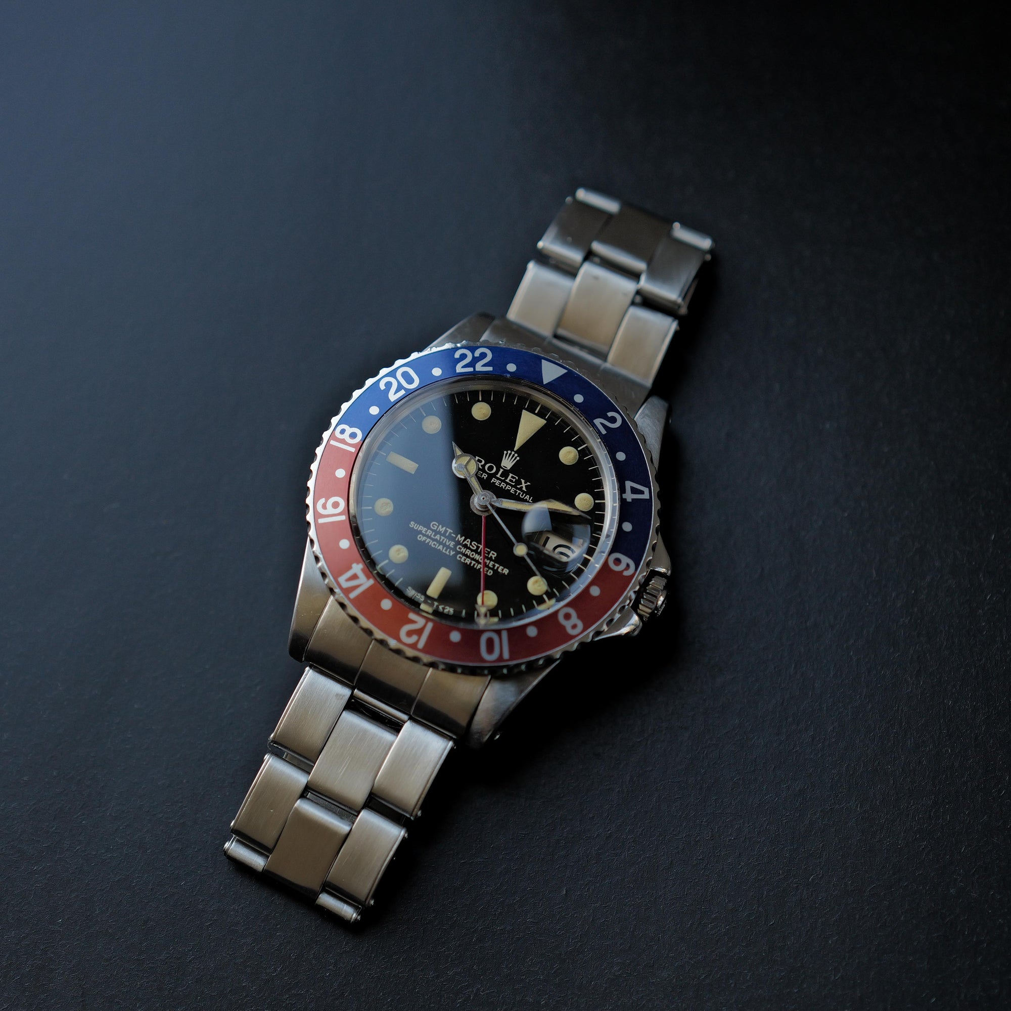 ロレックス/GMTマスター1675/後期ミラーダイヤル/マーク1ベゼル/ワイドスイス/USリベット/ROLEX GMT-MASTER Ref.1675 “GILT DIAL, WIDE SWISS” Mk.1 Bezel US Rivet 1965Y
