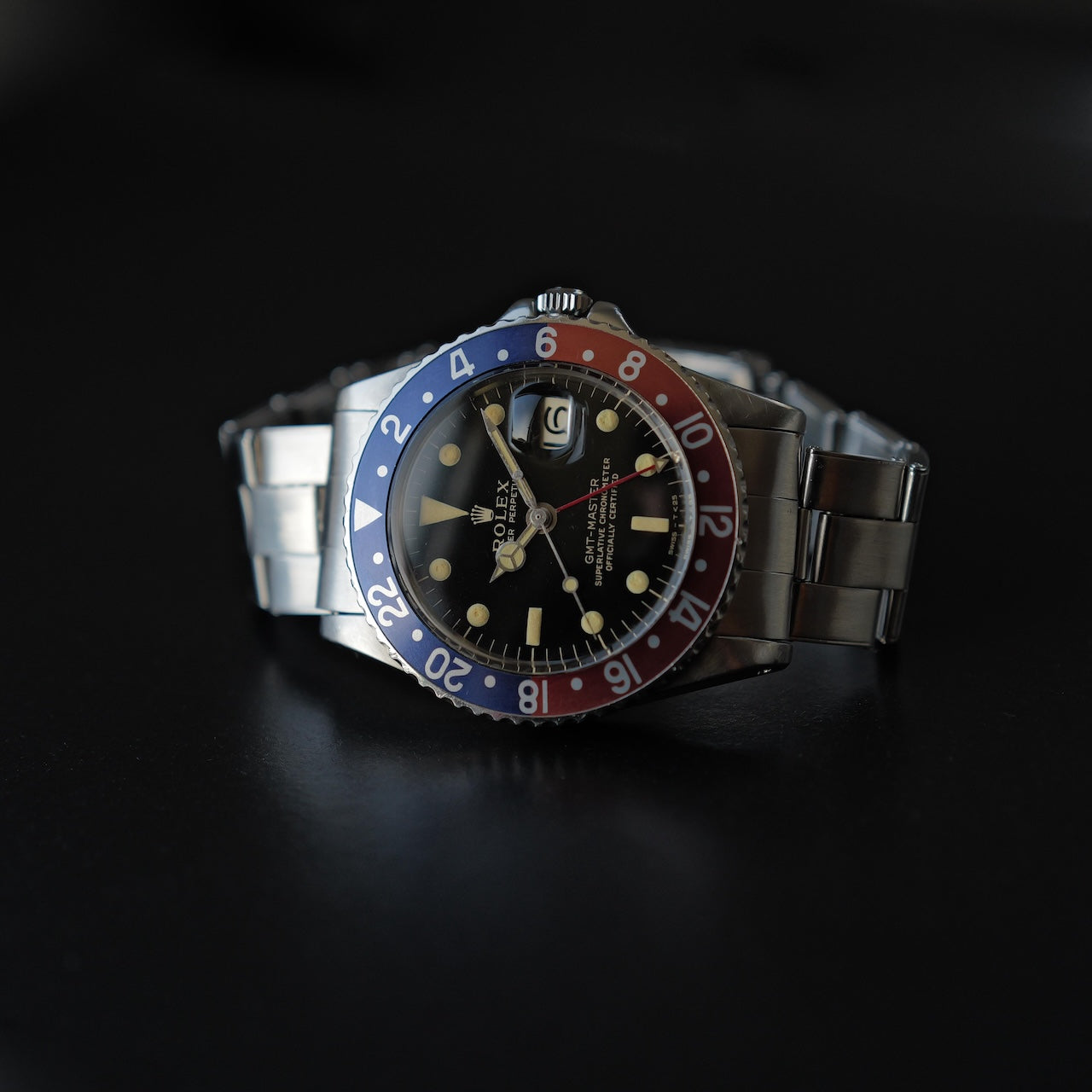 ロレックス/GMTマスター1675/後期ミラーダイヤル/マーク1ベゼル/ワイドスイス/USリベット/ROLEX GMT-MASTER Ref.1675 “GILT DIAL, WIDE SWISS” Mk.1 Bezel US Rivet 1965Y
