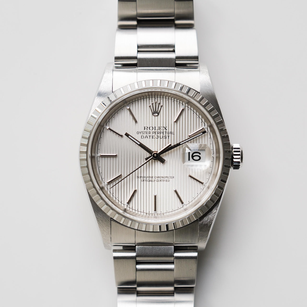 ロレックス/デイトジャスト16220/K番/タペストリーダイヤル/裏蓋シールあり/箱・保証書付/ROLEX DATE-JUST Ref.16220 "Silver Tapestry" 2001y with Box and Paper