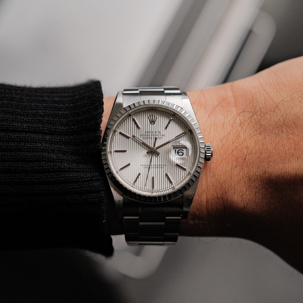 ロレックス/デイトジャスト16220/K番/タペストリーダイヤル/裏蓋シールあり/箱・保証書付/ROLEX DATE-JUST Ref.16220 "Silver Tapestry" 2001y with Box and Paper