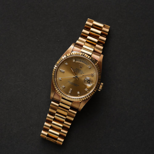ロレックス/デイデイト18238A/W番/10Pダイヤモンド/シャンパンダイヤル/箱・国際保証書つき/ROLEX DAY-DATE Ref.18238A "10P Diamonds" 18KYG W-Serial with Box and Paper 1995y