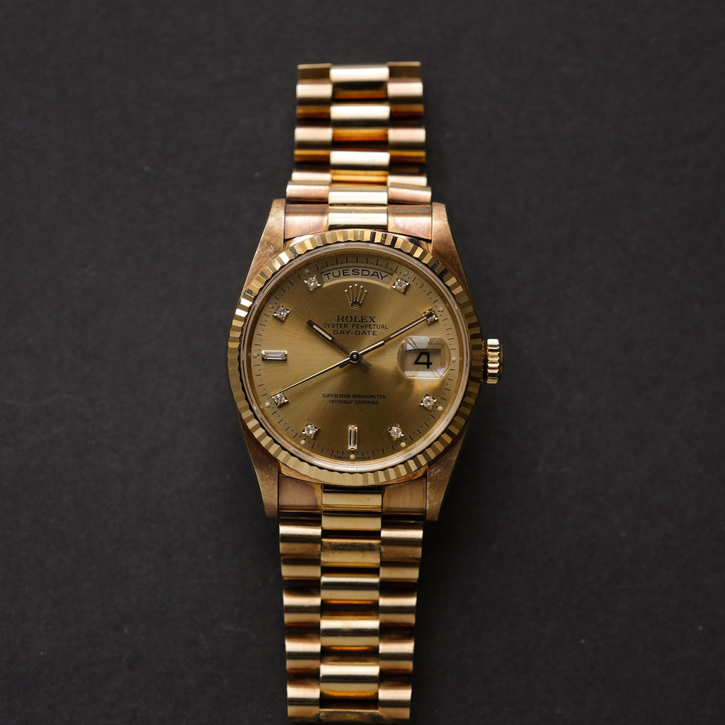 ロレックス/デイデイト18238A/W番/10Pダイヤモンド/シャンパンダイヤル/箱・国際保証書つき/ROLEX DAY-DATE Ref.18238A "10P Diamonds" 18KYG W-Serial with Box and Paper 1995y