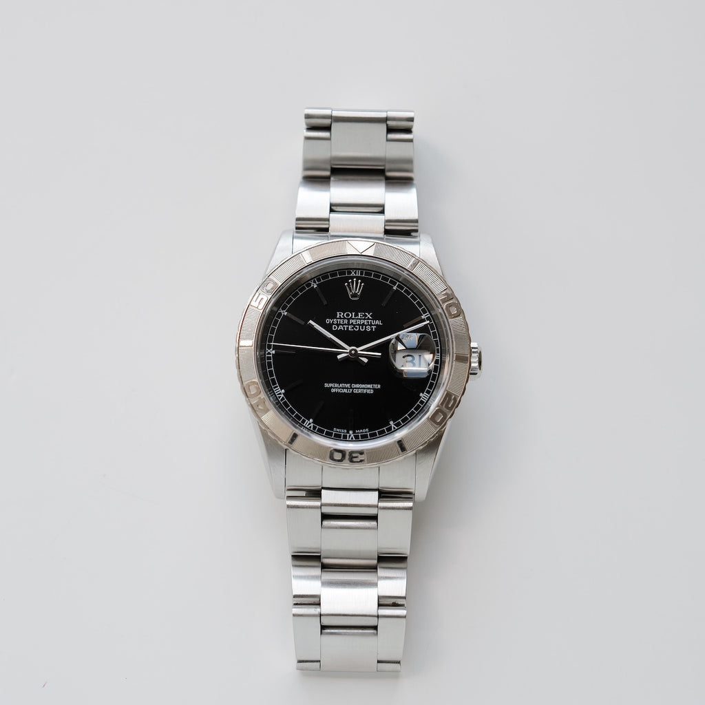 ロレックス/デイトジャスト16264/サンダーバード/黒文字盤/18Kホワイトゴールドベゼル/国内正規保証書付きフルセット/ROLEX DATE-JSUT REF.16264 "Thunderbird" Black dial White gold bezel A-serial Full Set 1998-99Y