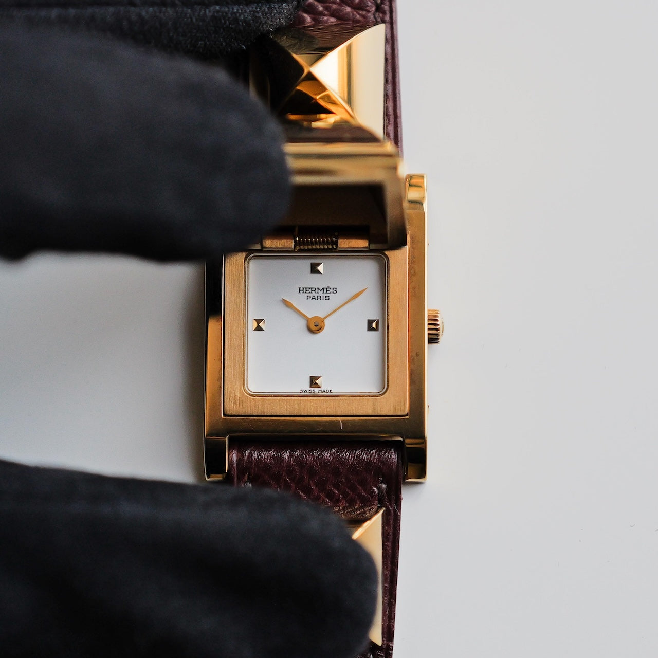 エルメス/メドール/ホワイトダイヤル/純正カーフ ネイビー ストラップ/箱・保証書付き/HERMES MEDOR WHITE DIAL Calf Leather 1990s with Box and Paper