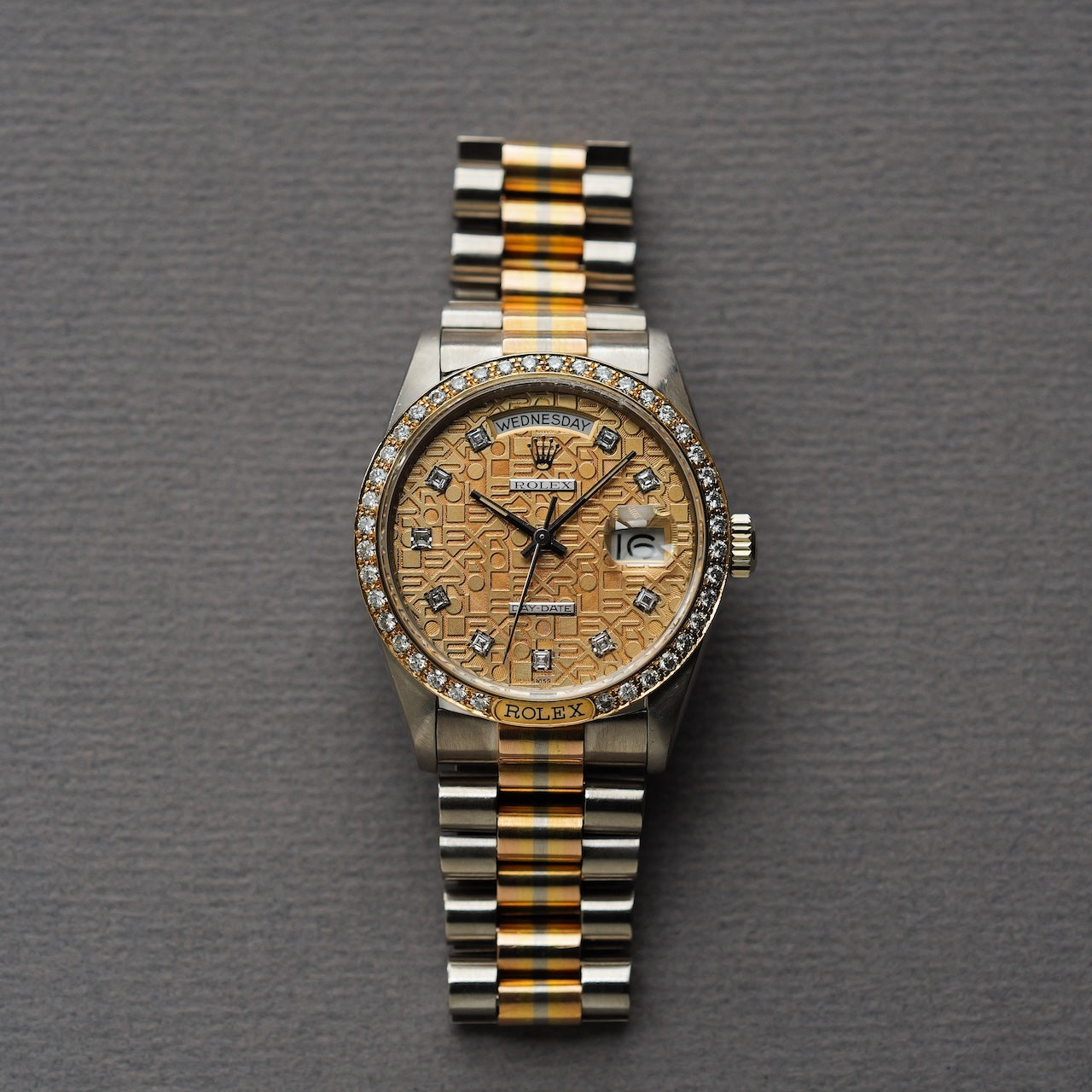 ロレックス/デイデイト/18129G BIC/トリドール/ダイヤモンドベゼル/イエロー・ホワイト・ローズゴールド/91番台/ROLEX DAY-DATE Ref.18129 BIC "TRIDOR" Computer dial Diamond Bezel 18KYG WG PG 1985y