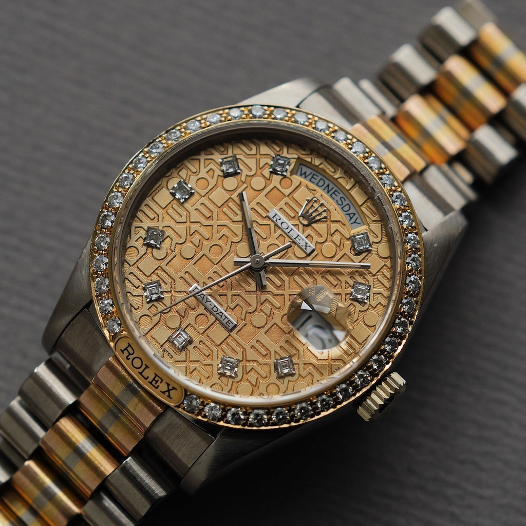 ロレックス/デイデイト/18129G BIC/トリドール/ダイヤモンドベゼル/イエロー・ホワイト・ローズゴールド/91番台/ROLEX DAY-DATE Ref.18129 BIC "TRIDOR" Computer dial Diamond Bezel 18KYG WG PG 1985y