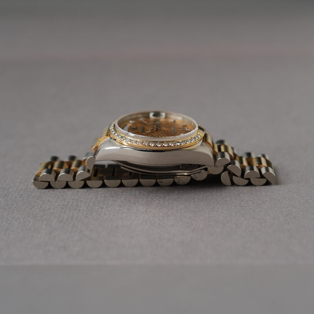 ロレックス/デイデイト/18129G BIC/トリドール/ダイヤモンドベゼル/イエロー・ホワイト・ローズゴールド/91番台/ROLEX DAY-DATE Ref.18129 BIC "TRIDOR" Computer dial Diamond Bezel 18KYG WG PG 1985y