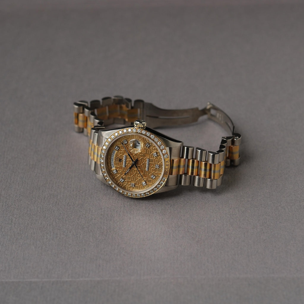 ロレックス/デイデイト/18129G BIC/トリドール/ダイヤモンドベゼル/イエロー・ホワイト・ローズゴールド/91番台/ROLEX DAY-DATE Ref.18129 BIC "TRIDOR" Computer dial Diamond Bezel 18KYG WG PG 1985y