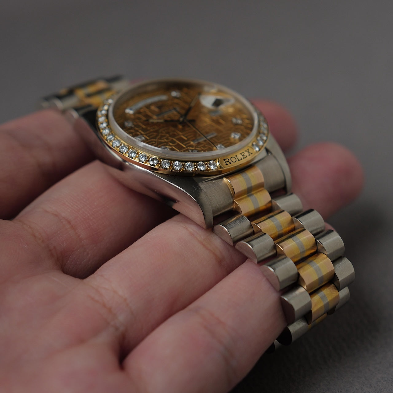 ロレックス/デイデイト/18129G BIC/トリドール/ダイヤモンドベゼル/イエロー・ホワイト・ローズゴールド/91番台/ROLEX DAY-DATE Ref.18129 BIC "TRIDOR" Computer dial Diamond Bezel 18KYG WG PG 1985y