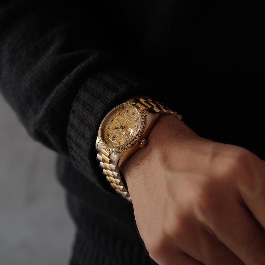 ロレックス/デイデイト/18129G BIC/トリドール/ダイヤモンドベゼル/イエロー・ホワイト・ローズゴールド/91番台/ROLEX DAY-DATE Ref.18129 BIC "TRIDOR" Computer dial Diamond Bezel 18KYG WG PG 1985y