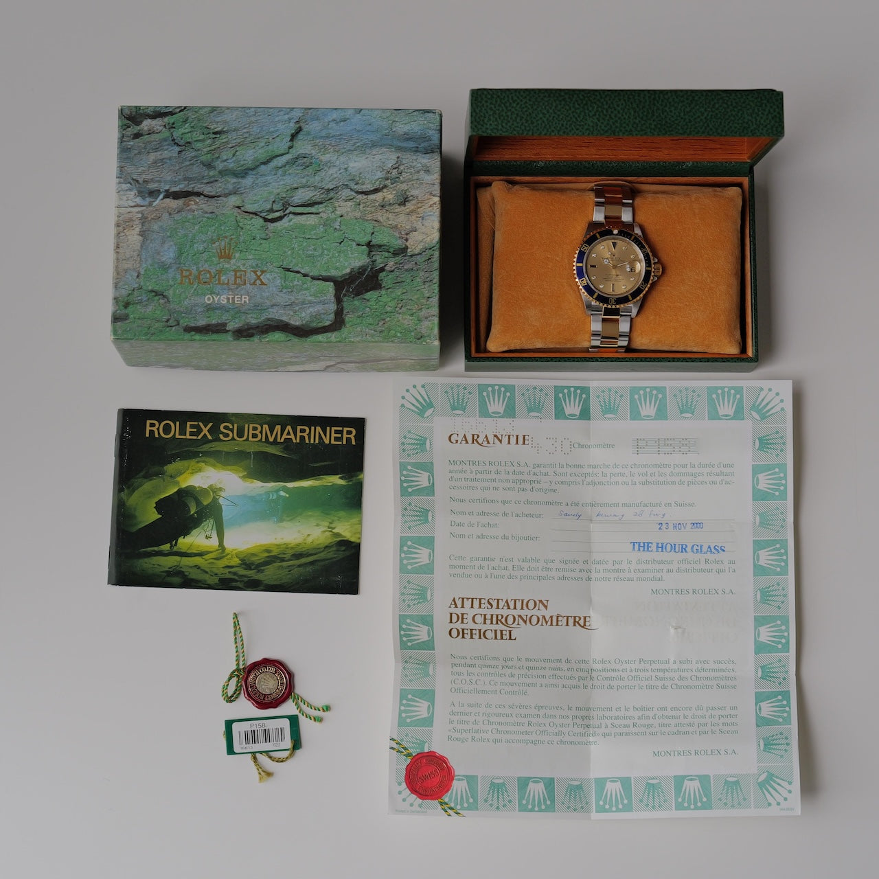 ロレックス/サブマリーナーデイト16613SG/ダイヤ・サファイヤダイヤル/保証書付フルセット/ROLEX SUBMARINER DATE Ref.16613SG "Serti Dial"P-Serial 18KYG 2000y with Box and Paper