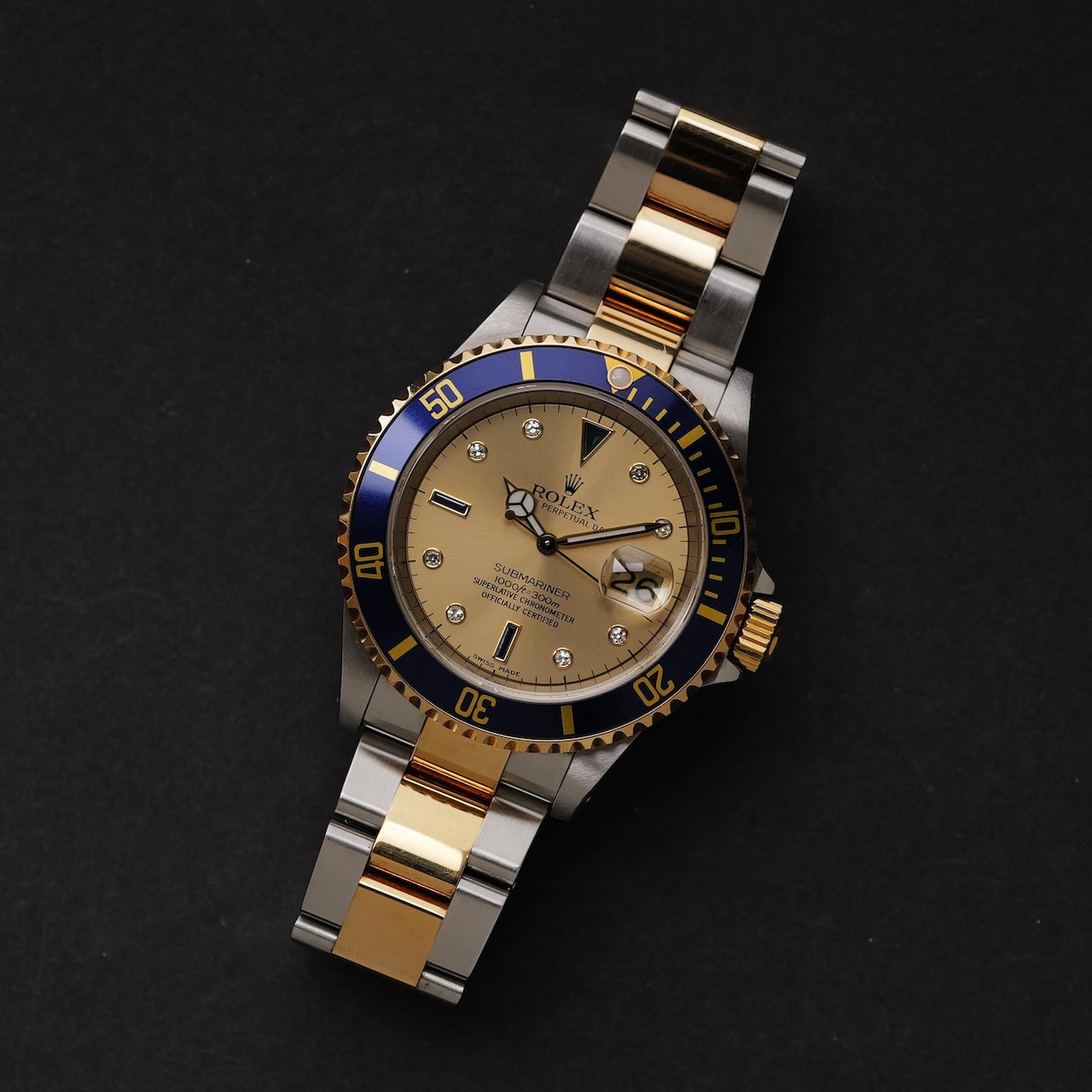 ロレックス/サブマリーナーデイト16613SG/ダイヤ・サファイヤダイヤル/保証書付フルセット/ROLEX SUBMARINER DATE Ref.16613SG "Serti Dial"P-Serial 18KYG 2000y with Box and Paper