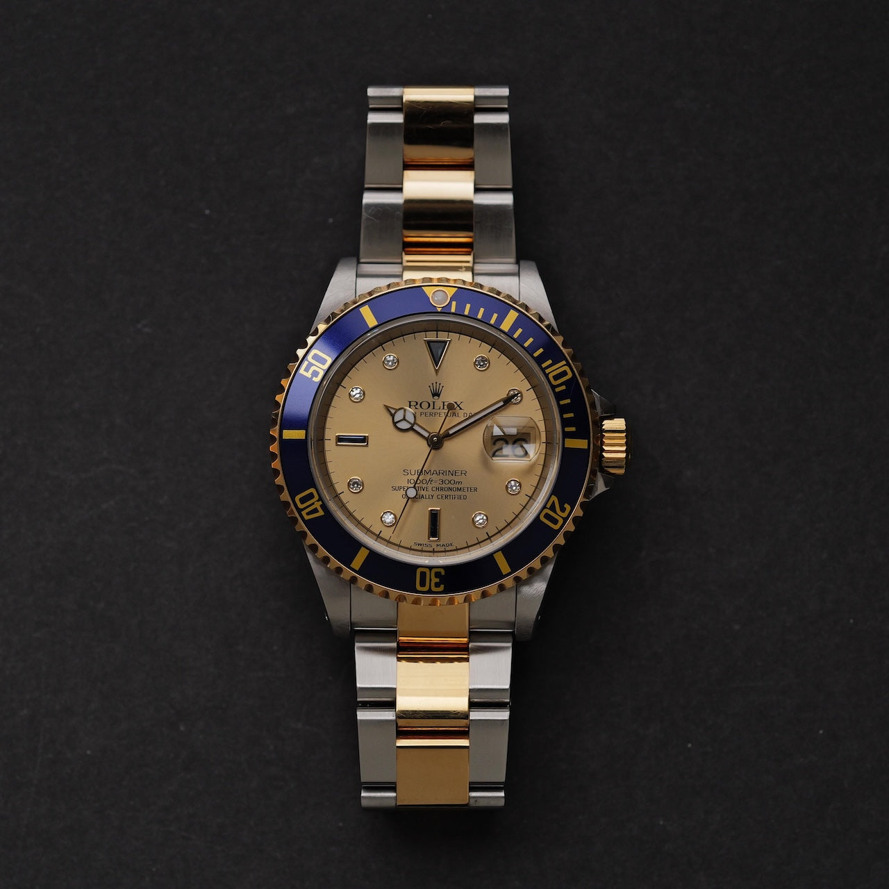 ロレックス/サブマリーナーデイト16613SG/ダイヤ・サファイヤダイヤル/保証書付フルセット/ROLEX SUBMARINER DATE Ref.16613SG "Serti Dial"P-Serial 18KYG 2000y with Box and Paper