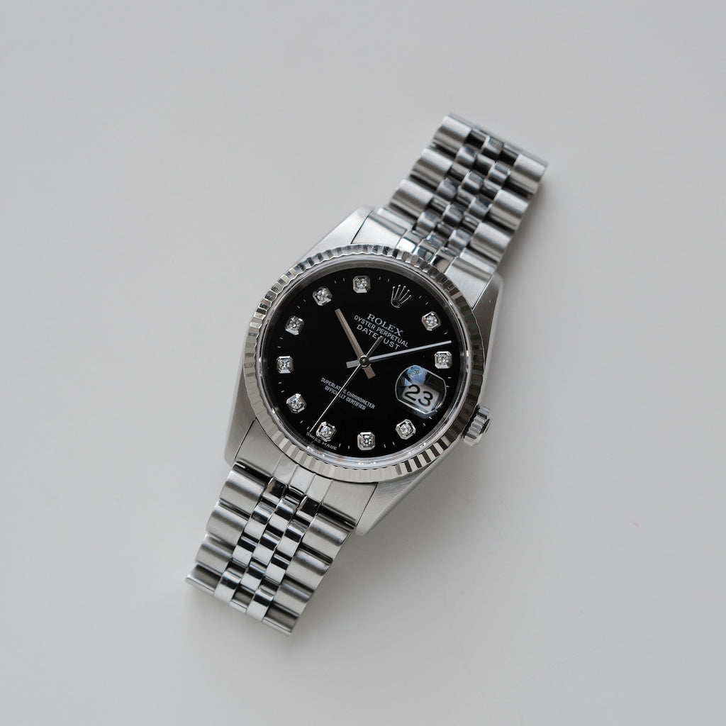 ロレックス/デイトジャスト16234G/P番/黒文字盤/10Pダイヤモンド/日本ロレックス保証書/フルセット/ROLEX DATE-JUST Ref.16234G "10P Diamond" Black dial  P-Serial 1999-2000y Full Set