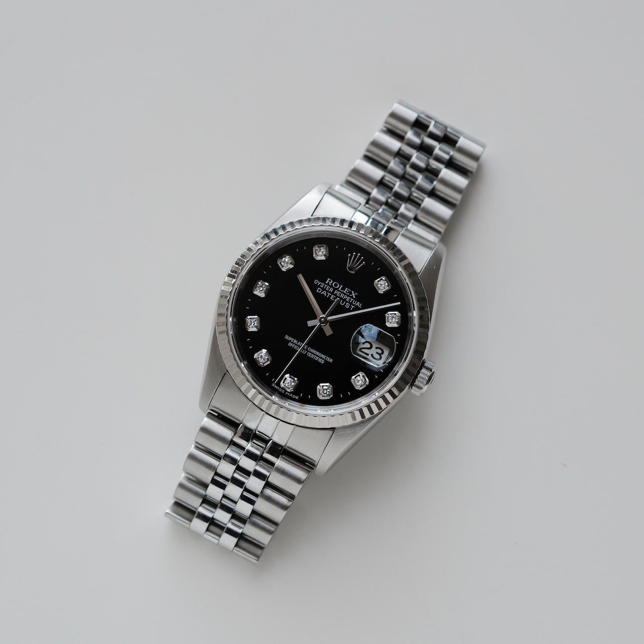 ロレックス/デイトジャスト16234G/P番/黒文字盤/10Pダイヤモンド/日本ロレックス保証書/フルセット/ROLEX DATE-JUST Ref.16234G "10P Diamond" Black dial  P-Serial 1999-2000y Full Set