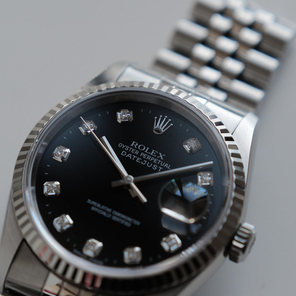 ロレックス/デイトジャスト16234G/P番/黒文字盤/10Pダイヤモンド/日本ロレックス保証書/フルセット/ROLEX DATE-JUST Ref.16234G "10P Diamond" Black dial  P-Serial 1999-2000y Full Set