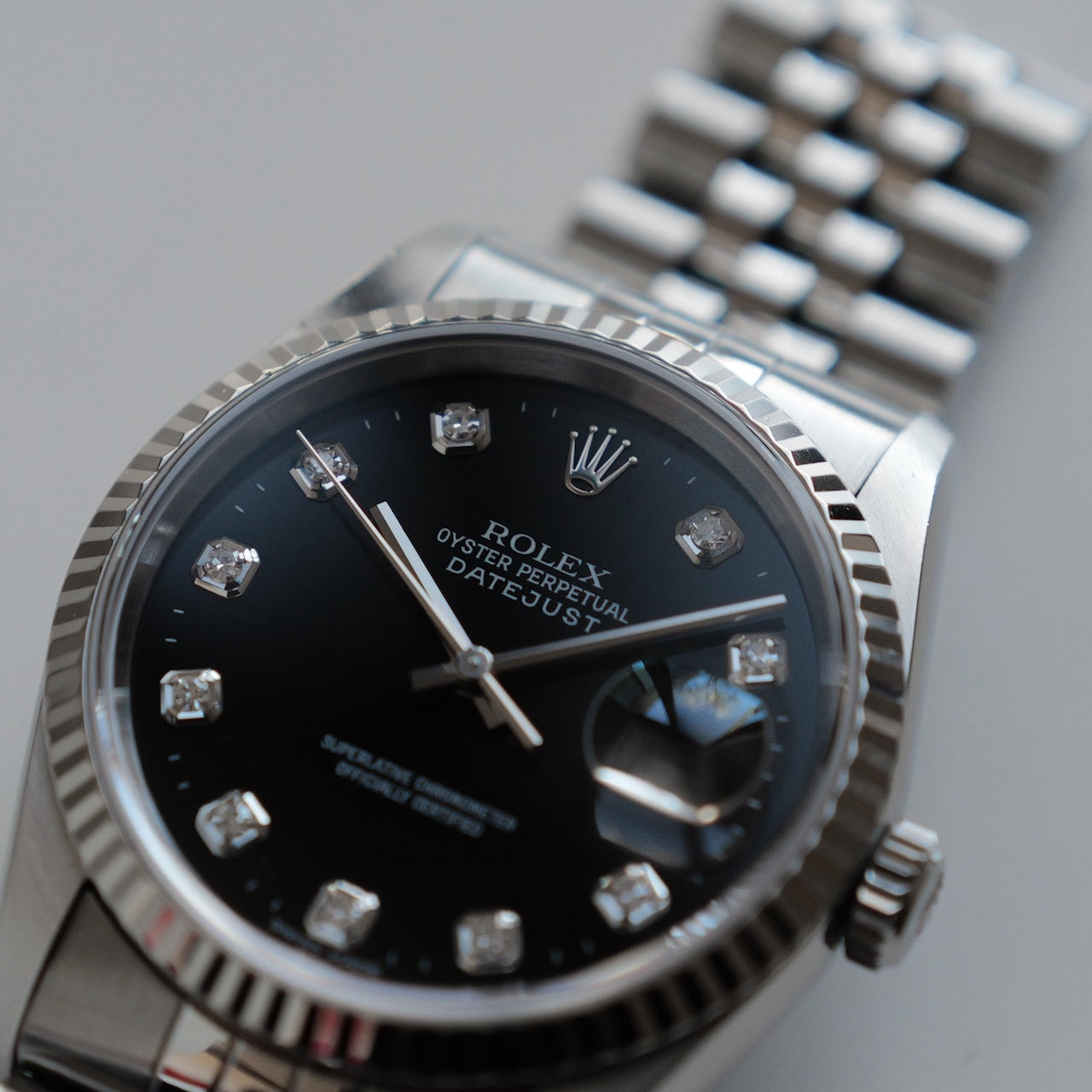 ロレックス/デイトジャスト16234G/P番/黒文字盤/10Pダイヤモンド/日本ロレックス保証書/フルセット/ROLEX DATE-JUST Ref.16234G "10P Diamond" Black dial  P-Serial 1999-2000y Full Set