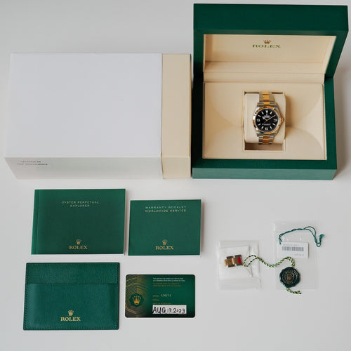 ロレックス/エクスプローラー124273/イエローロレゾール/新品フルセット/保護シールあり/ROLEX EXPLORER 1 REF.124273 18KYG FULL SET 2023Y NOS