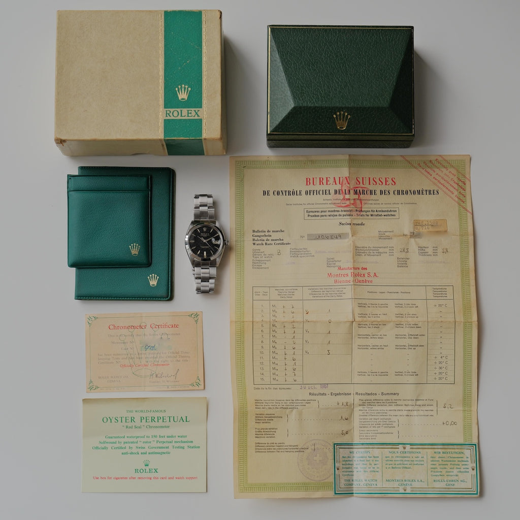 ロレックス/オイスターパーペチュアルデイト1500/ビッグロゴ/保証書付きフルセット/ROLEX OYSTER-PERPETUAL DATE REF.1500 "BIG LOGO" With Paper and Box Full Set 1961Y