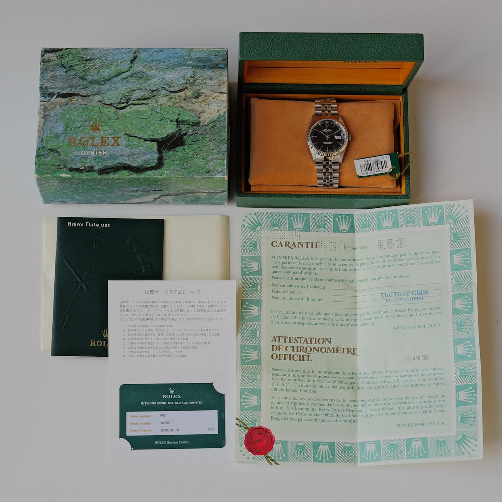 ロレックス/デイトジャスト16234/K番/黒文字盤/WGベゼル/箱・保証書付き/ROLEX DATE-JUST Ref.16234 "Black dial" K-Serial 2001y with Box and Paper