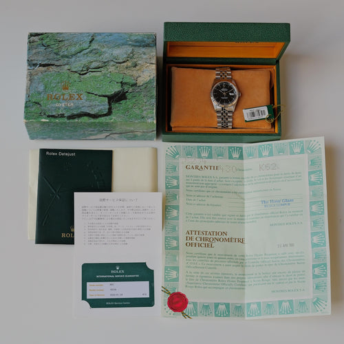 ロレックス/デイトジャスト16234/K番/黒文字盤/WGベゼル/箱・保証書付き/ROLEX DATE-JUST Ref.16234 "Black dial" K-Serial 2001y with Box and Paper