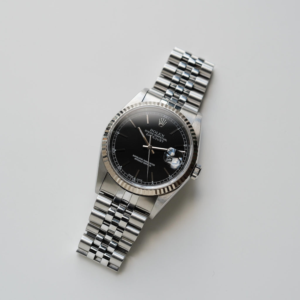 ロレックス/デイトジャスト16234/K番/黒文字盤/WGベゼル/箱・保証書付き/ROLEX DATE-JUST Ref.16234 "Black dial" K-Serial 2001y with Box and Paper