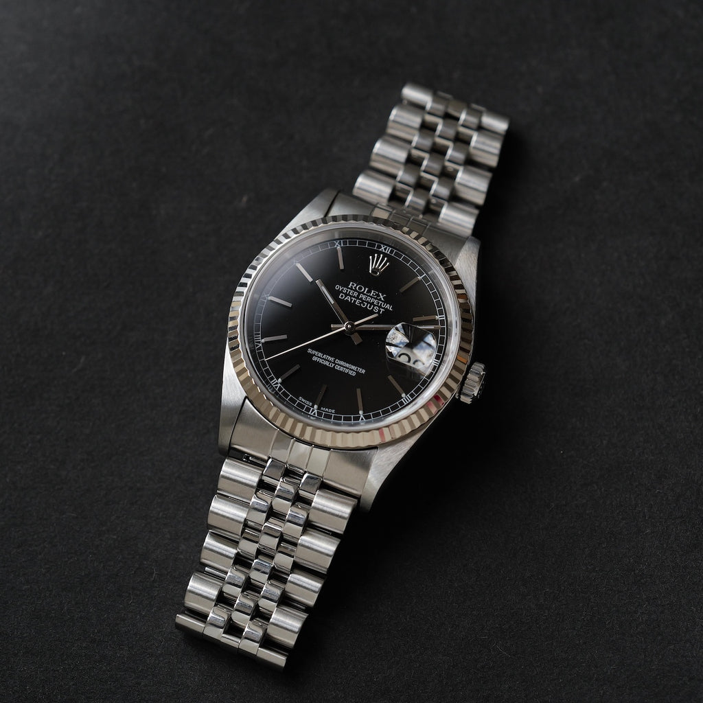 ロレックス/デイトジャスト16234/K番/黒文字盤/WGベゼル/箱・保証書付き/ROLEX DATE-JUST Ref.16234 "Black dial" K-Serial 2001y with Box and Paper